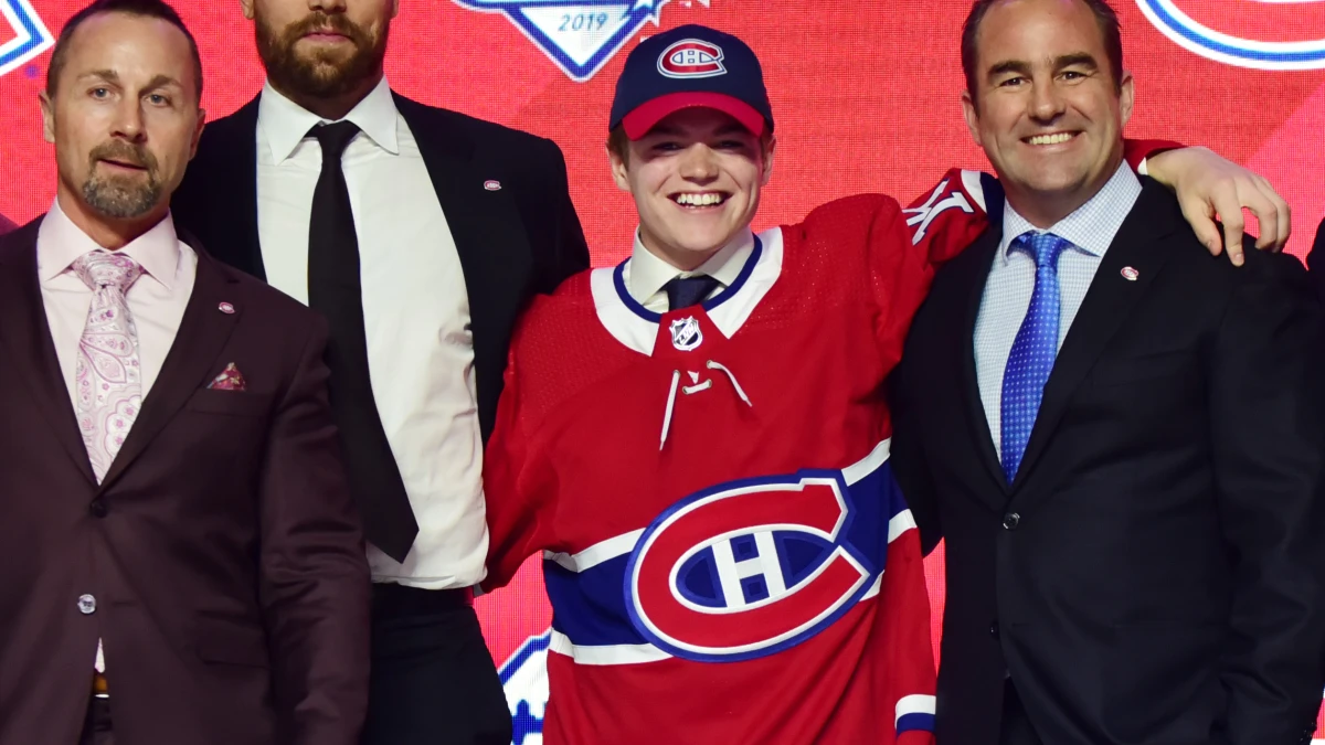Cole Caufield after being selected as the number fifteen overall pick to the Montreal Canadiens in the first round of the 2019 NHL Draft at Rogers Arena.