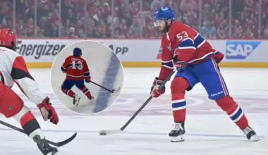 Montreal Canadiens defenseman Noah Dobson (53) carries the puck against Carolina Hurricanes defenseman Jalen Chatfield (5) during the first period in game three of the Eastern Conference Final of the 2026 Stanley Cup Playoffs at Bell Centre.