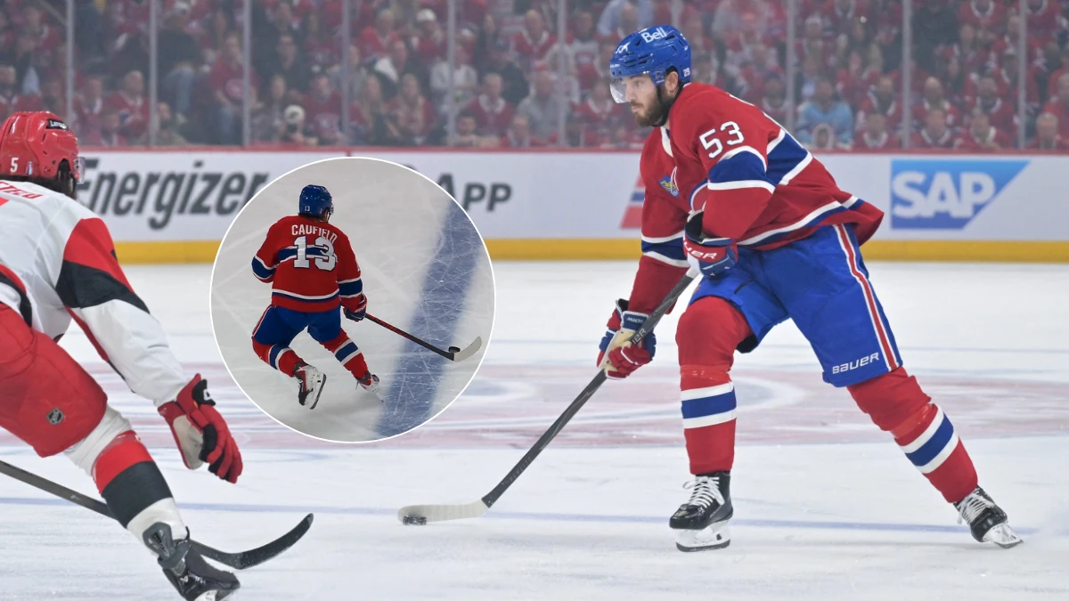 Montreal Canadiens defenseman Noah Dobson (53) carries the puck against Carolina Hurricanes defenseman Jalen Chatfield (5) during the first period in game three of the Eastern Conference Final of the 2026 Stanley Cup Playoffs at Bell Centre.