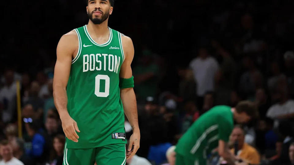 Boston Celtics forward Jayson Tatum (0) looks on before the game against the <a class="link " href="https://sports.yahoo.com/nba/teams/miami/" data-i13n="sec:content-canvas;subsec:anchor_text;elm:context_link" data-ylk="slk:Miami Heat;sec:content-canvas;subsec:anchor_text;elm:context_link;itc:0" data-yga="{"yLinkElement":"context_link","yModuleName":"content-canvas","yLinkText":"Miami Heat","ySubModuleName":"anchor_text","yHasCommerce":false}">Miami Heat</a> on April 1, 2026.Sam Navarro-Imagn Images