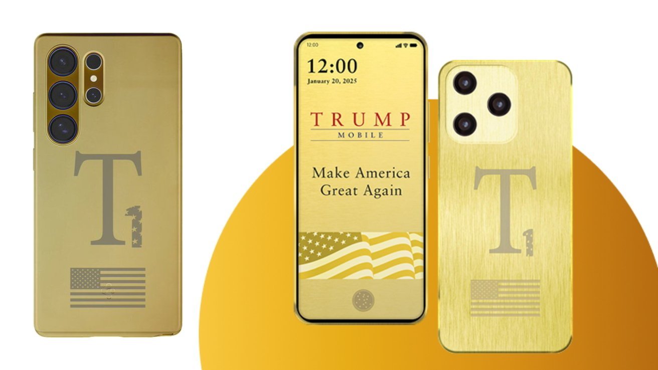 Three gold smartphones displaying Trump branding, including large T logos, American flag engravings, and a screen reading TRUMP Mobile and Make America Great Again with a gold patriotic background.