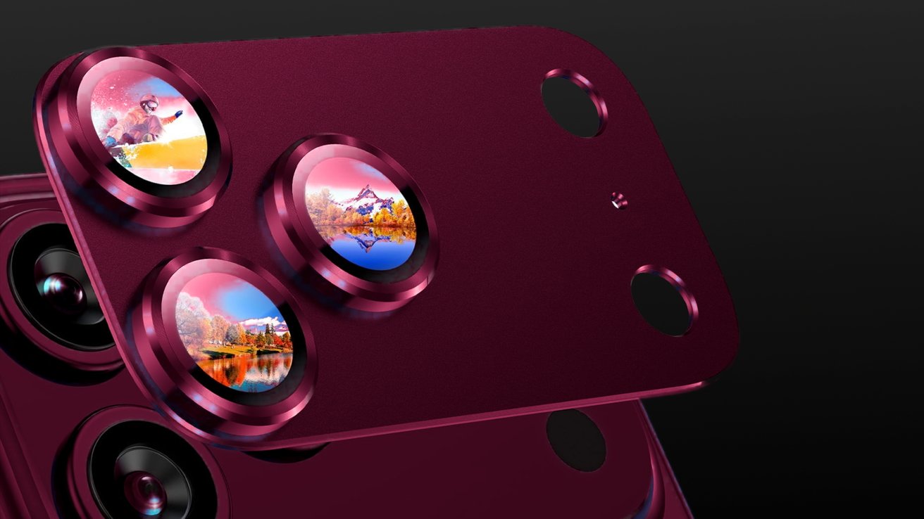 Close-up of a maroon smartphone camera module, with three raised lenses reflecting colorful landscape scenes, set against a dark gradient background for a sleek, modern technology look
