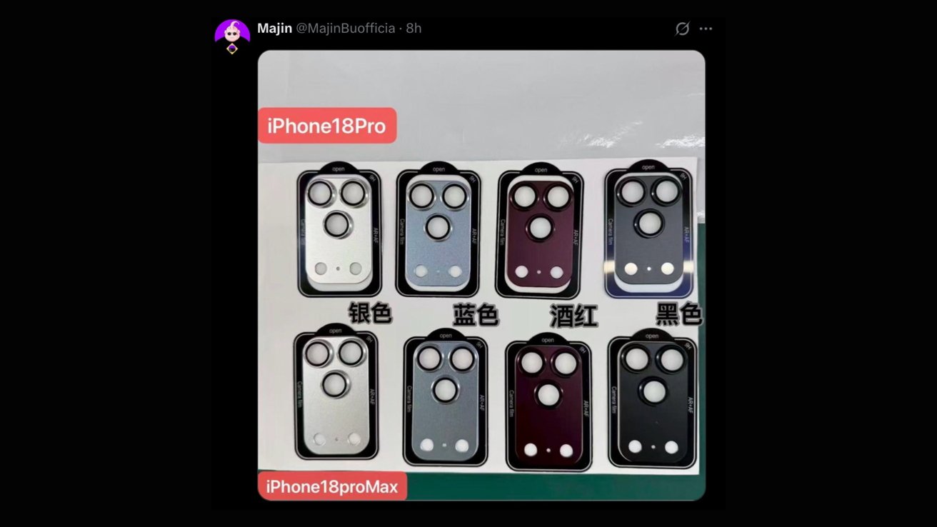 Photo showing eight iPhone camera covers in different colors, arranged in two rows, with Chinese text labels that say each color white, blue, wine red, and gray