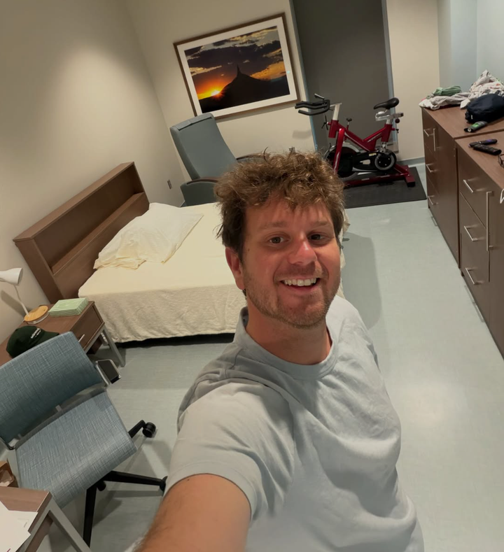 Jake Rosmarin shows off his isolated room inside of the National Quarantine Unit at the University of Nebraska Medical Center. He plans to spend 42 days here after disembarking a ship at the center of a deadly hantavirus outbreak.