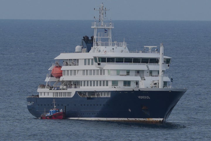 The MV Hondius cruise ship is anchored at a port in Praia, Cape Verde, on Wednesday, May 6.
