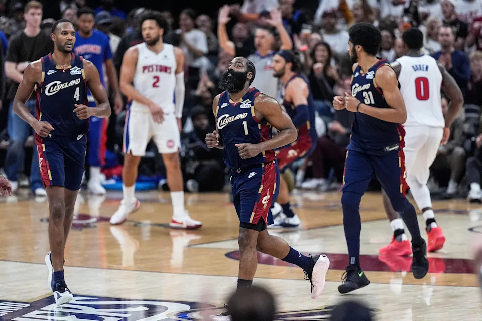 Cleveland Cavaliers guard James Harden (1) celebrates scoring a basket against Detroit Pistons during the second half of Game 3 of second round of NBA playoffs at Rocket Arena in Cleveland on Saturday, May 9, 2026.