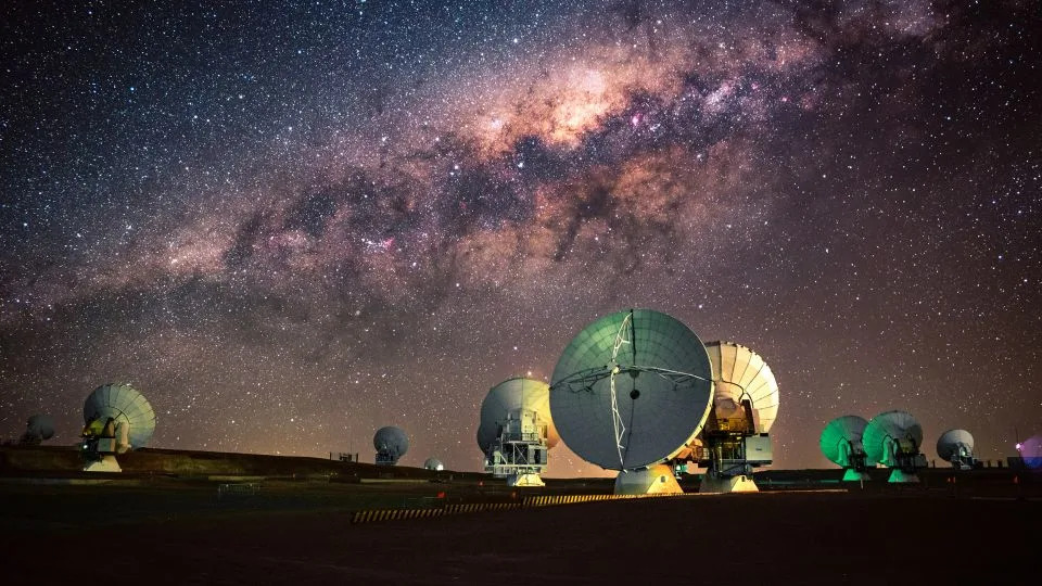 The Milky Way can be seen above the ALMA radio telescope array in Chile. - NSF/AUI/NSF NRAO/B.Foott