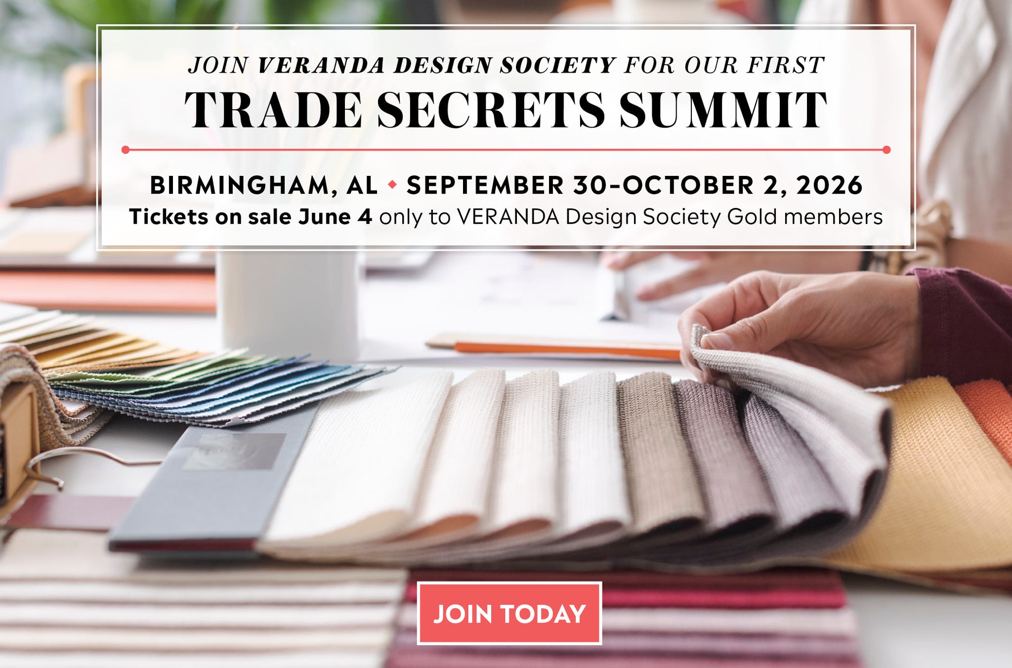 Advertisement for the Trade Secrets Summit by Veranda Design Society. Advertisement for the Trade Secrets Summit by Veranda Design Society.