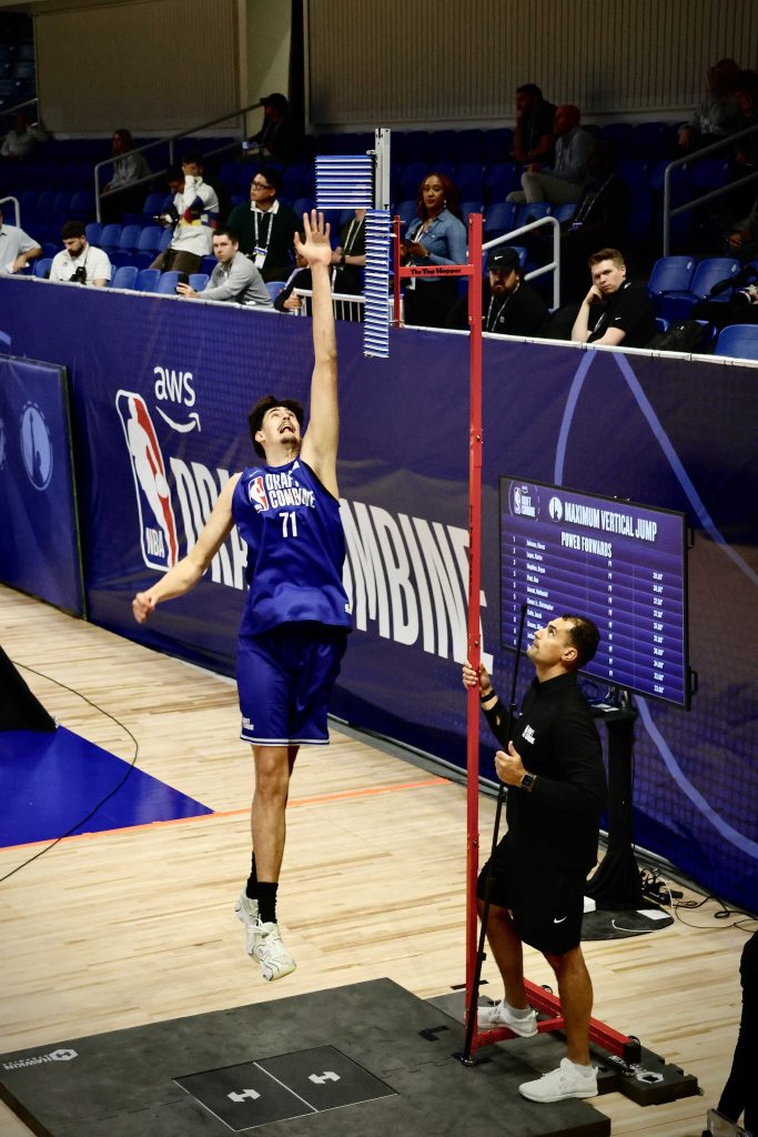 Basketball player jumps at NBA Draft Combine