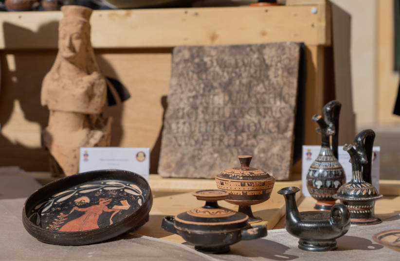 Artifacts repatriated to Italy by the US, including an ancient Roman epitaph discovered by the FBI, April 29, 2026.