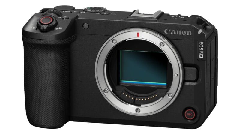 A black Canon EOS R camera body is shown without a lens, displaying its sensor and lens mount. The camera grip, buttons, and dials are clearly visible.