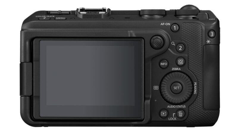 Rear view of a black digital camera showing its LCD screen, various buttons, dials, and textured grip on the right side. The screen is off, and control buttons include AF-ON, INFO, MENU, and directional pad.