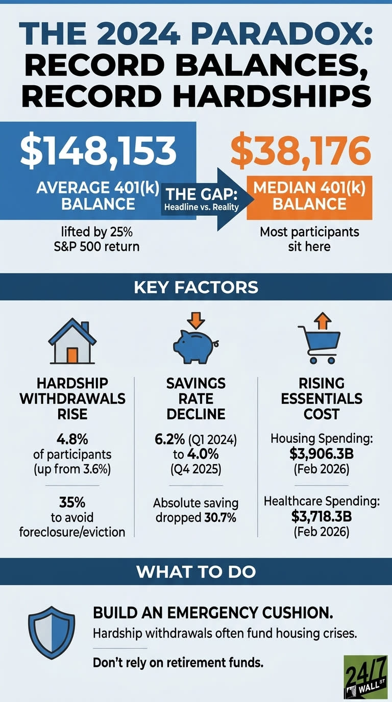 An infographic titled 'THE 2024 PARADOX: RECORD BALANCES, RECORD HARDSHIPS' on a blue and white background. The top section, 'THE GAP: Headline vs. Reality,' shows a blue square with '$148,153 AVERAGE 401(k) BALANCE' (lifted by 25% S&P 500 return) and an orange square with '$38,176 MEDIAN 401(k) BALANCE' (Most participants sit here). An arrow points from the average to the median, representing the gap. Below, a 'KEY FACTORS' section has three columns: 'HARDSHIP WITHDRAWALS RISE' with a house icon, stating '4.8% of participants (up from 3.6%)' and '35% to avoid foreclosure/eviction'. The middle column, 'SAVINGS RATE DECLINE' with a piggy bank icon, shows '6.2% (Q1 2024) to 4.0% (Q4 2025)' and 'Absolute saving dropped 30.7%'. The right column, 'RISING ESSENTIALS COST' with a shopping cart icon, lists 'Housing Spending: $3,906.3B (Feb 2026)' and 'Healthcare Spending: $3,718.3B (Feb 2026)'. The bottom section, 'WHAT TO DO,' has a shield icon and the advice: 'BUILD AN EMERGENCY CUSHION. Hardship withdrawals often fund housing crises. Don't rely on retirement funds.' A '24/7 WALL ST' logo is in the bottom right corner.