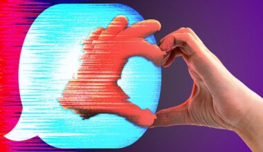 Photo illustration of a chatbot hand making the heart hands gesture inside a chat bubble next to a real hand making the same gesture with a glitchy effect on top.