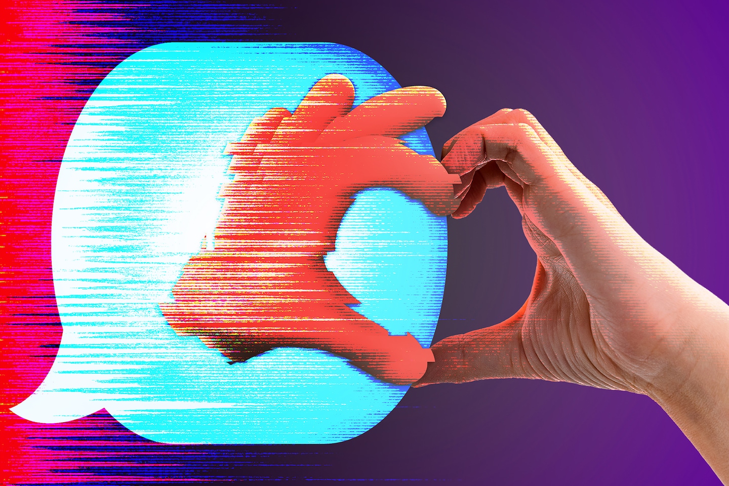 Photo illustration of a chatbot hand making the heart hands gesture inside a chat bubble next to a real hand making the same gesture with a glitchy effect on top.