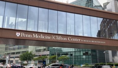 A walkway displays the new name for the new patient pavilion at the Hospital of the University of Pennsylvania. Penn Medicine received a $120 million gift from Catherine and Anthony Clifton last year, and renamed the $1.6 billion Pavilion at the Hospital of the University of Pennsylvania. It's now the Clifton Center for Medical Breakthroughs.