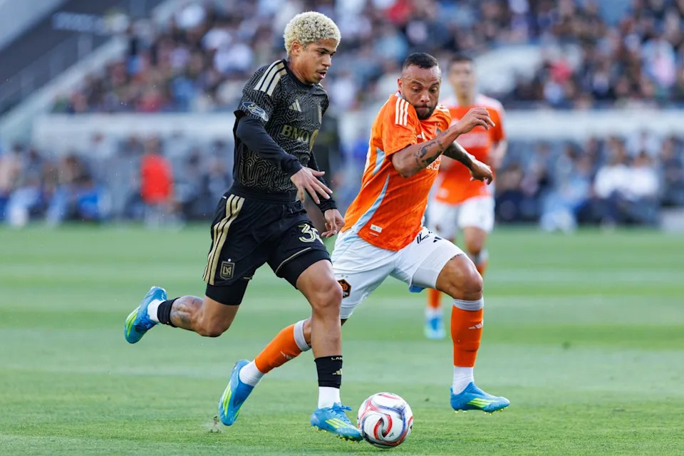 David Martínez #30 of LAFC attacks with the ball during an MLS match against Houston Dynamo FC on May 10, 2026 at BMO Stadium in Los Angeles, California.