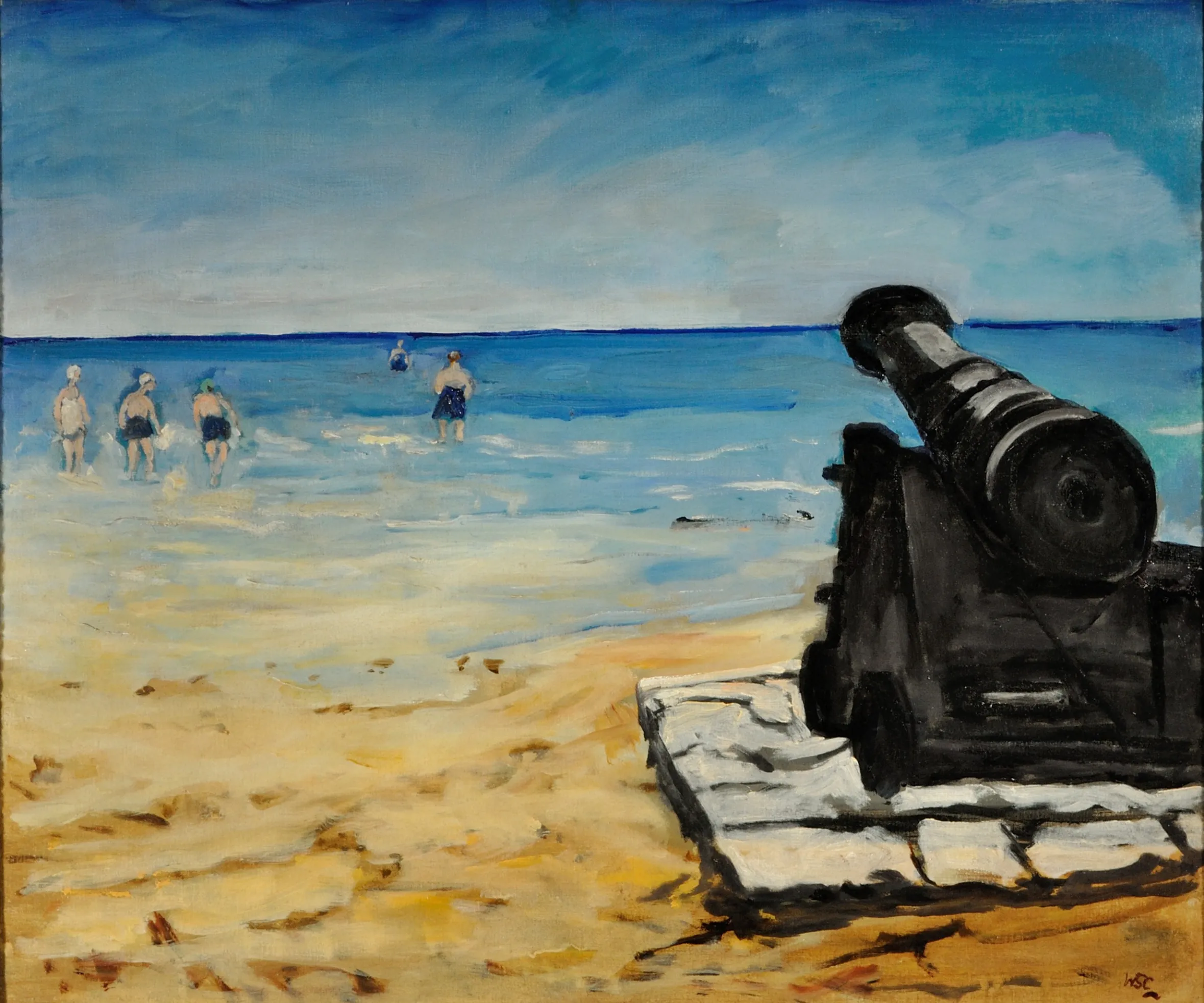 Illustration of people wading in the ocean at Walmer Beach with a cannon on the right.