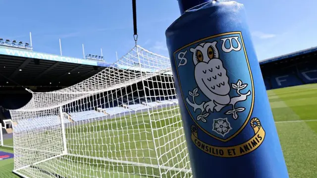 A sunny Hillsborough - Sheffield Wednesday's home ground - with the goal and an Owls club badge visible in the foregrond