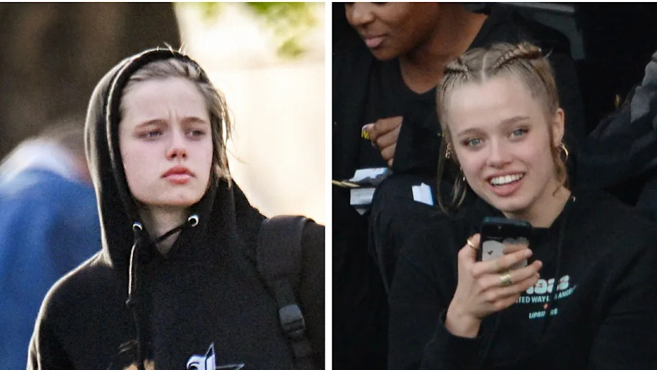 Two images of shiloh jolie in a black hoodie. In one, she looks serious; in the other, she smiles while holding a phone.