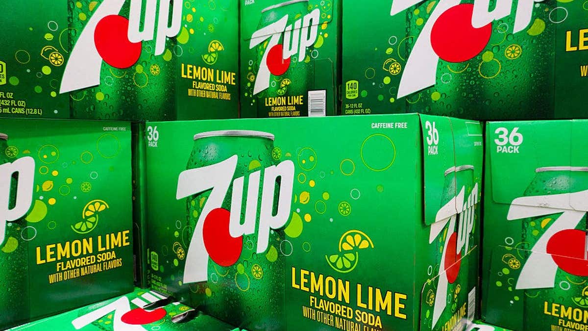 Cases of 7-Up soda stacked inside a Costco Wholesale store in San Diego.