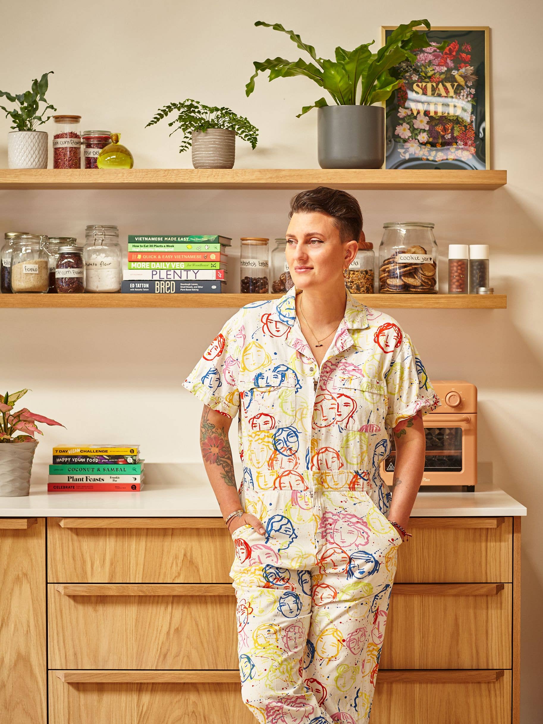 woman in a kitchen in a jazzy outfit