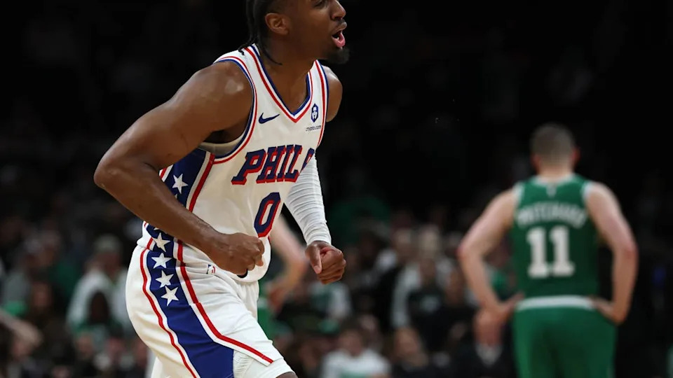 Philadelphia 76ers guard Tyrese Maxey celebrates win over Boston Celtics in Round 1 of 2026 playoffs Winslow Townson-Imagn Images
