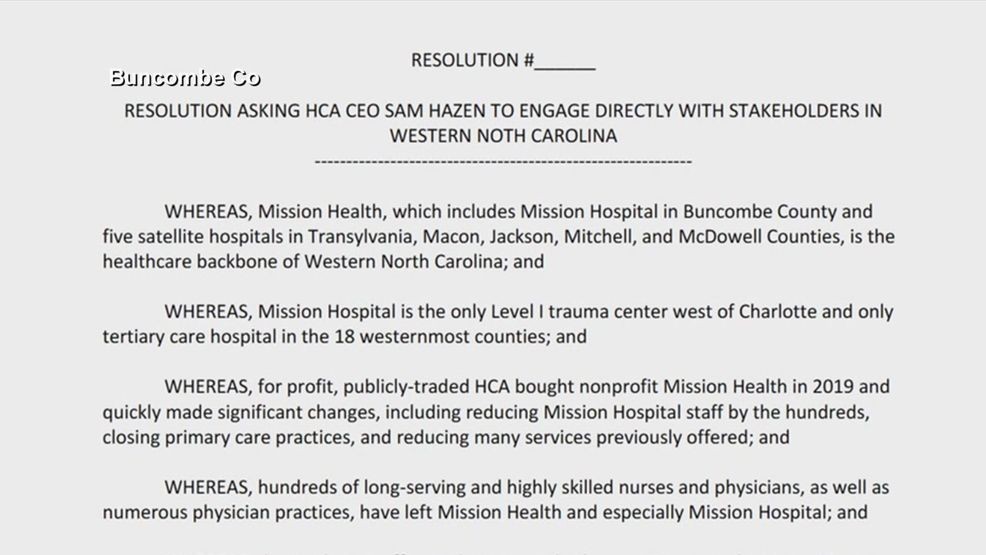 MAY 7, 2026 - Buncombe County Commissioners passed on Tuesday, May 5, calling on HCA Healthcare CEO Sam Hazen to visit western North Carolina and meet with elected officials, healthcare advocates, and other community leaders. (Photo: WLOS Staff)