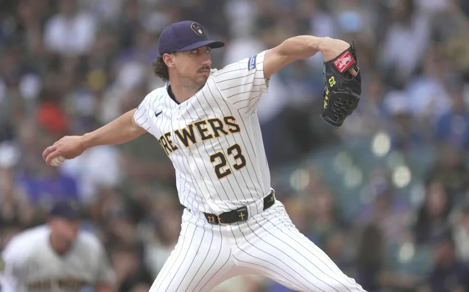 Milwaukee Brewers pitcher Brandon Sproat (23) throws during the first inning of their game against the Los Angeles Dodgers Sunday, May 24, 2026 at American Family Field in Milwaukee, Wisconsin.