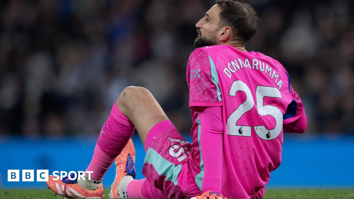 Manchester City goalkeeper Gianluigi Donnarumma sitting on the floor during their Premier League game against Leeds United in November