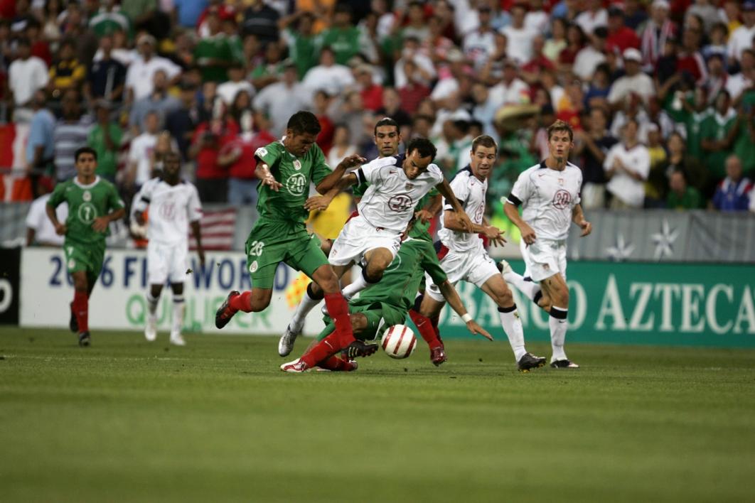 Mexico’s Gerardo Galindo pressures Landon Donovan during the 2006 World Cup Qualifying match at Crew Stadium on September 3, 2005 (Photo by Jonathan Daniel/Getty Images) 
