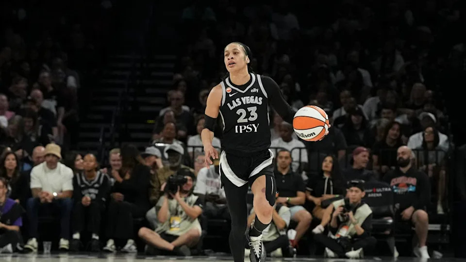 May 23, 2026; Las Vegas, Nevada, USA; Las Vegas Aces guard Chennedy Carter (23) dribbles against the <a class="link " href="https://sports.yahoo.com/wnba/teams/los-angeles/" data-i13n="sec:content-canvas;subsec:anchor_text;elm:context_link" data-ylk="slk:Los Angeles Sparks;sec:content-canvas;subsec:anchor_text;elm:context_link;itc:0" data-yga="{"yLinkElement":"context_link","yModuleName":"content-canvas","yLinkText":"Los Angeles Sparks","ySubModuleName":"anchor_text","yHasCommerce":false}">Los Angeles Sparks</a> in the first quarter of their game at Michelob Ultra Arena. Mandatory Credit: Candice Ward-Imagn Images© Candice Ward-Imagn Images&period;