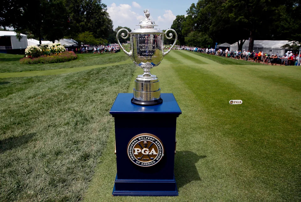 FILE - The Wanamaker Trophy is displayed during the first round of the PGA Championship golf tournament at Bellerive Country Club, Thursday, Aug. 9, 2018, in St. Louis. (AP Photo/Brynn Anderson, File)
