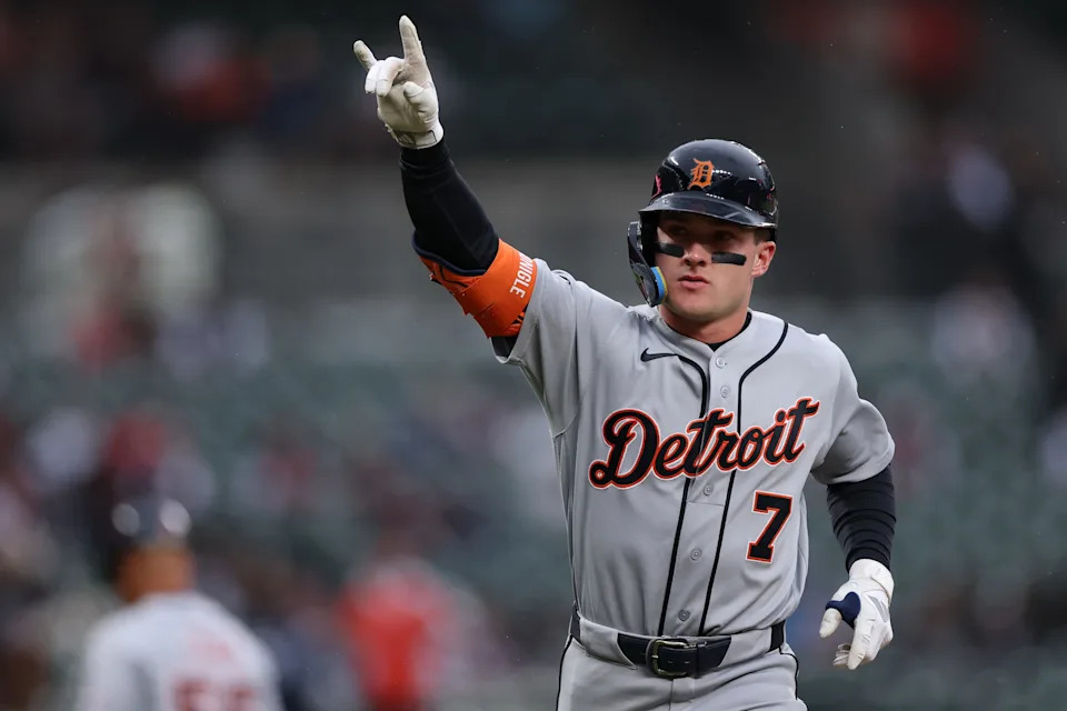 Kevin McGonigle of the Detroit Tigers celebrates after hitting a home run against the Baltimore Orioles during the first inning at Oriole Park at Camden Yards in Baltimore on Friday, May 22, 2026.