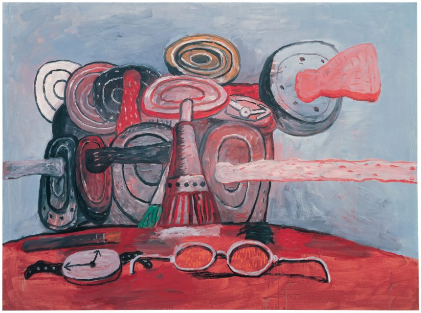 Abstract painting with circular and swirling shapes in grey, red, and pink tones, featuring glasses and a pocket watch on a red surface in the foreground.