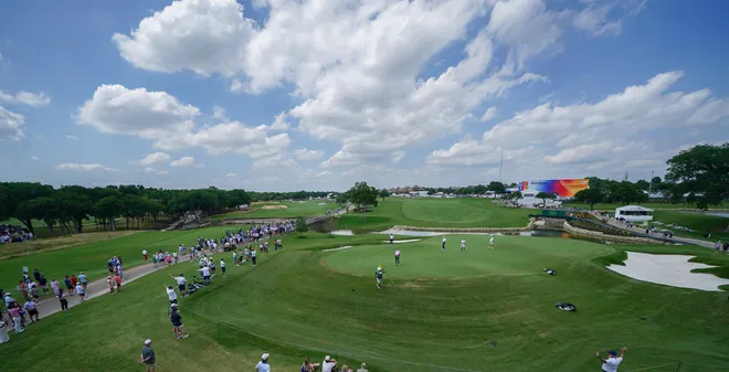 May 22, 2026; McKinney, Texas, USA; A general view of the 18th green during the second round of THE CJ CUP Byron Nelson golf tournament. Mandatory Credit: Raymond Carlin III-Imagn Images
