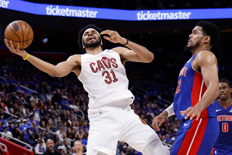 May 13, 2026; Detroit, Michigan, USA; Cleveland Cavaliers center Jarrett Allen (31) is fouled by Detroit Pistons forward Tobias Harris (12) in the first half during game five of the second round of the 2026 NBA Playoffs at Little Caesars Arena. Mandatory Credit: Rick Osentoski-Imagn Images