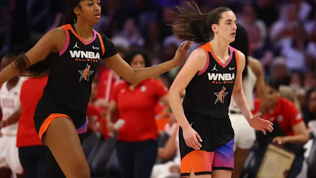 Jul 20, 2024; Phoenix, AZ, USA; Team WNBA guard Caitlin Clark (right) and Angel Reese against the USA Women's National Team during the 2024 WNBA All Star Game at Footprint Center. Mandatory Credit: Mark J. Rebilas-USA TODAY Sports© Mark J. Rebilas-USA TODAY Sports