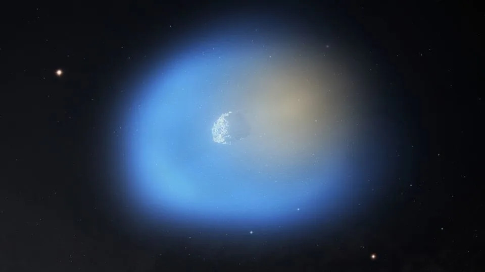 An artist's impression depicts 3I/ATLAS flying by the sun, with methanol gas shown in blue and hydrogen cyanide in orange. - NSF/AUI/NSF NRAO/M.Weiss