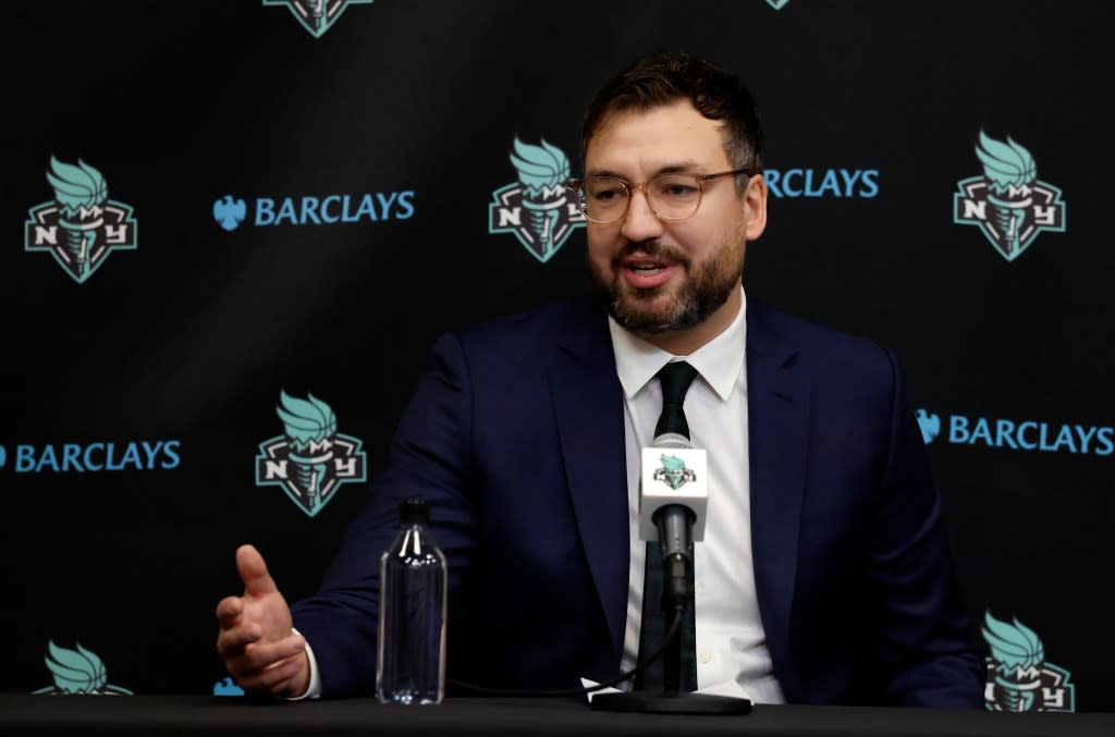 New New York Liberty head coach Chris DeMarco addresses a press conference at the Barclays Center in Brooklyn, New York, Tuesday, December 10, 2025. DeMarco met with the New York media during a press conference. JASON SZENES/ NY POST