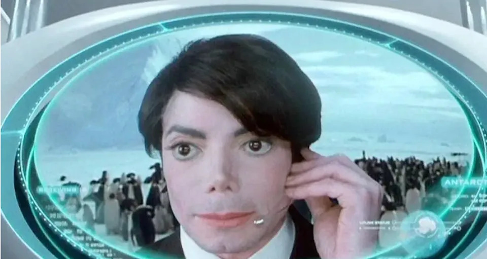A character viewed through a futuristic screen holds an earpiece, with penguins visible behind in a snowy landscape