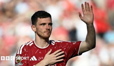 Andy Robertson waves to Liverpool fans after final match at Anfield