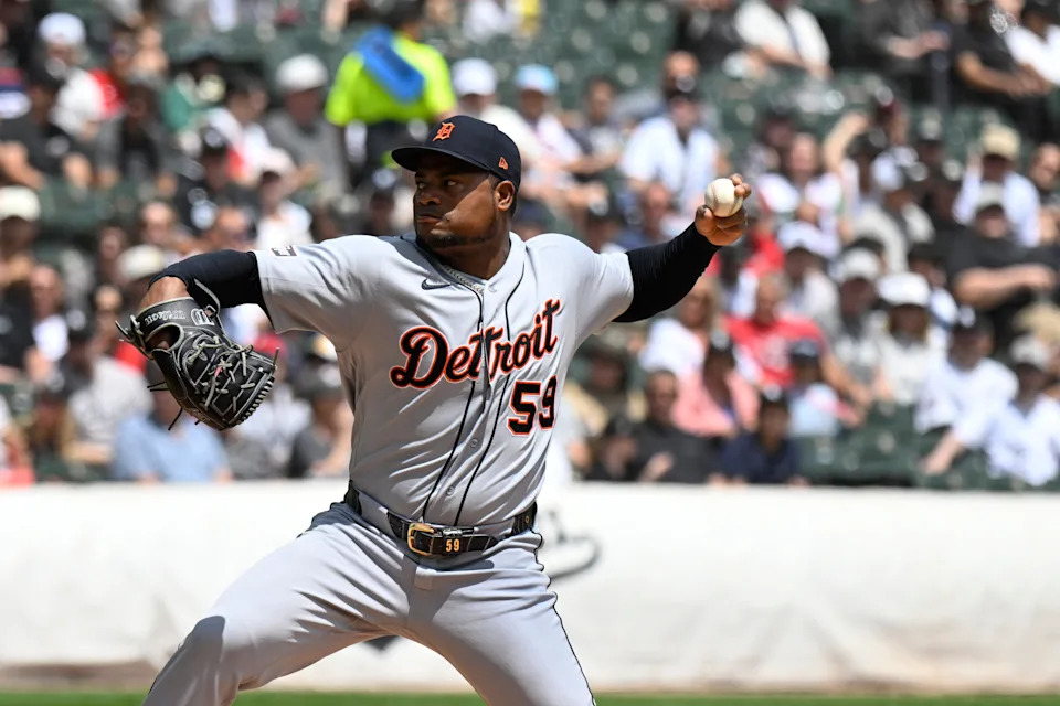 Detroit Tigers pitcher Framber Valdez (59) delivers the ball during the first inning May 30, 2026 against the Chicago White Sox at Rate Field.