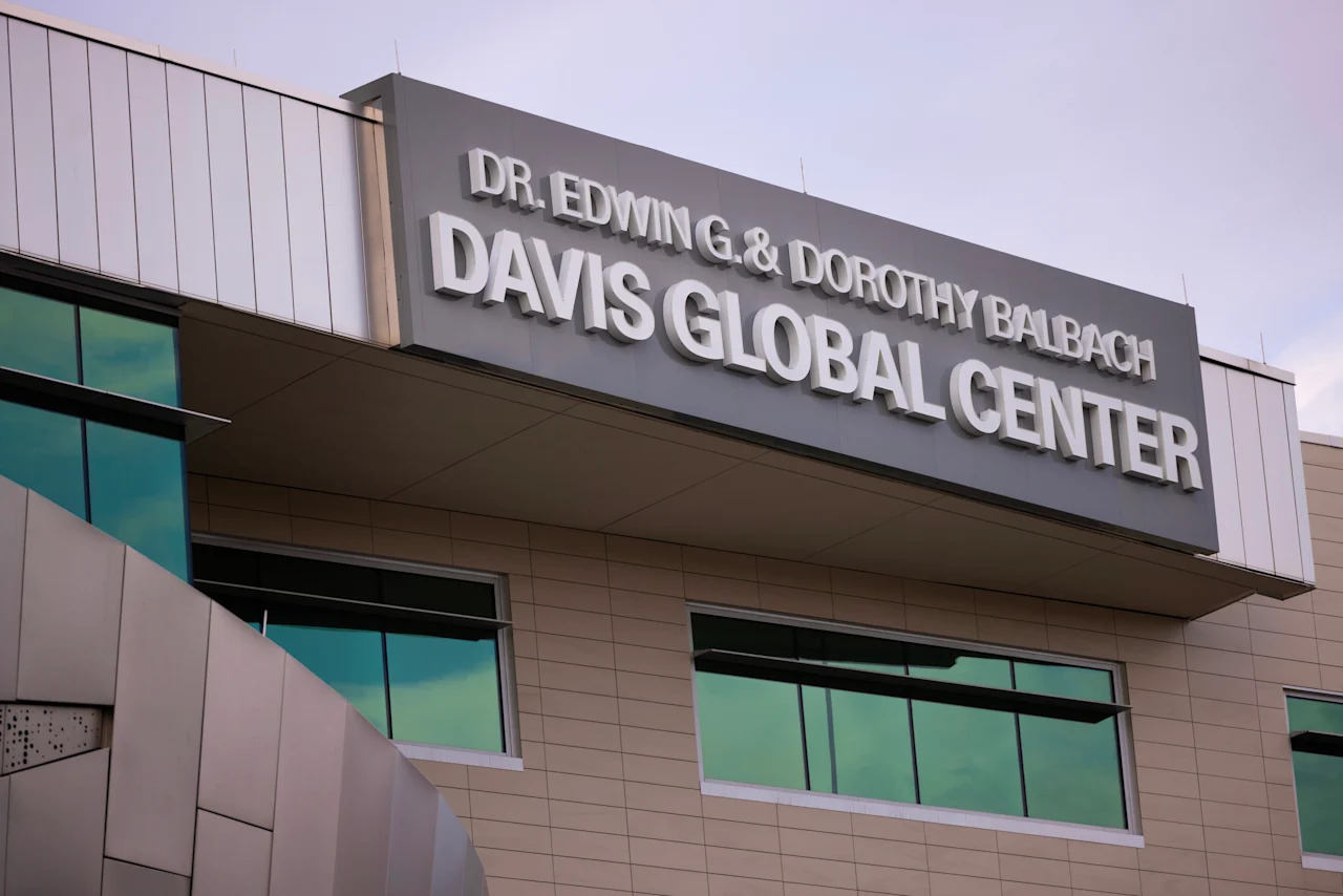 An exterior view of Nebraska Medicine's Davis Global Center in Omaha, Neb.