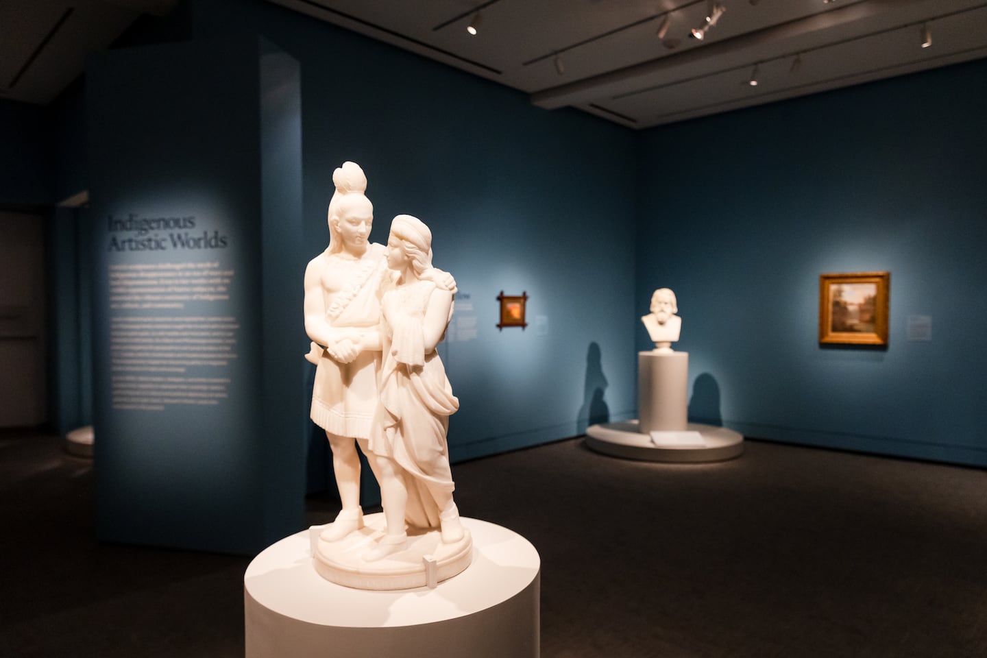 Edmonia Lewis, "Hiawatha's Marriage," 1870, foreground. Installation view of "Edmonia Lewis: Said in Stone" at the Peabody Essex Museum.