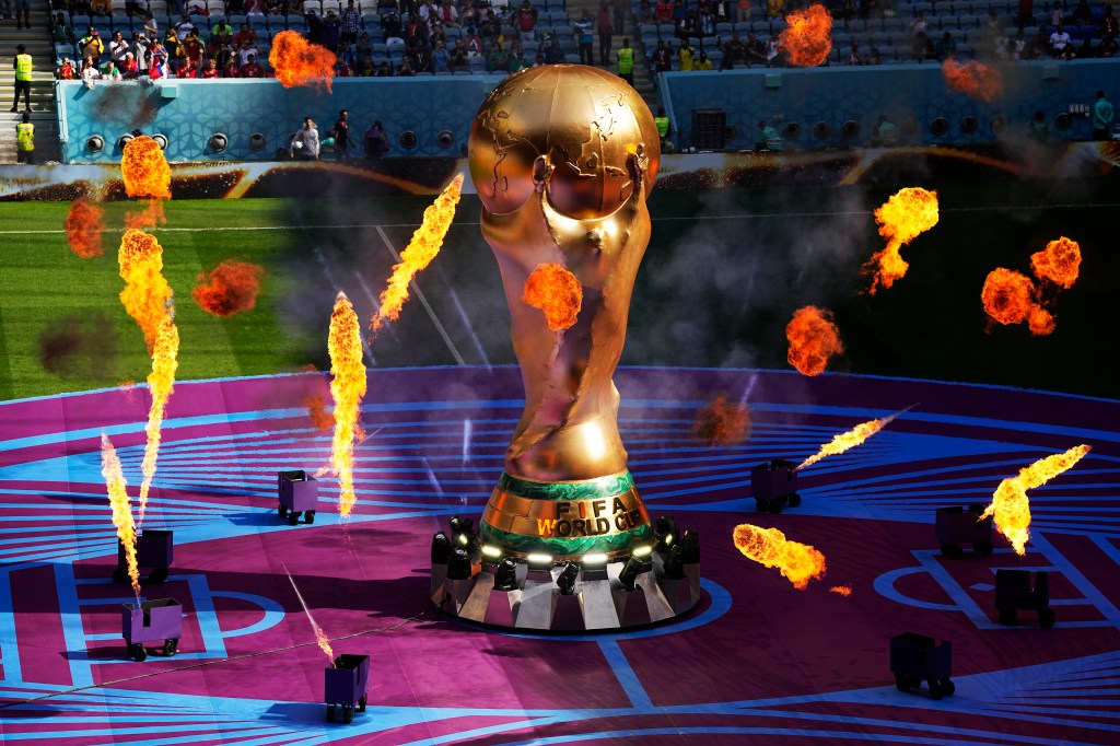FILE - A giant copy of the trophy is displayed prior to the World Cup group G soccer match between Cameroon and Serbia, at the Al Janoub Stadium in Al Wakrah, Qatar, Nov. 28, 2022. (AP Photo/Pavel Golovkin, File)