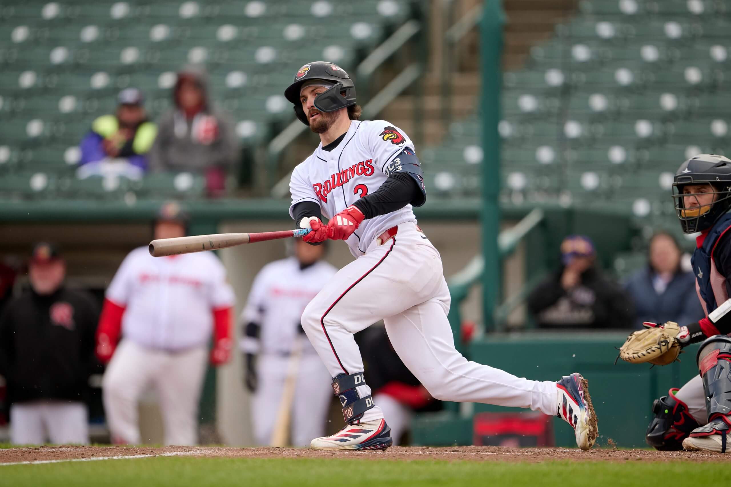 Rochester Red Wings Dylan Crews (3) bats during an MiLB International League baseball game against the Worcester Red Sox on April 30, 2026 at ESL Ballpark in Rochester, New York.