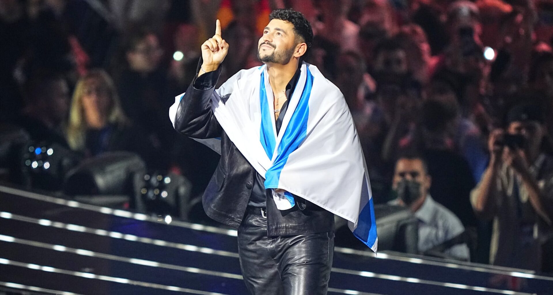 Israel’s Noam Bettan prepares to take the stage at partly boycotted Eurovision final