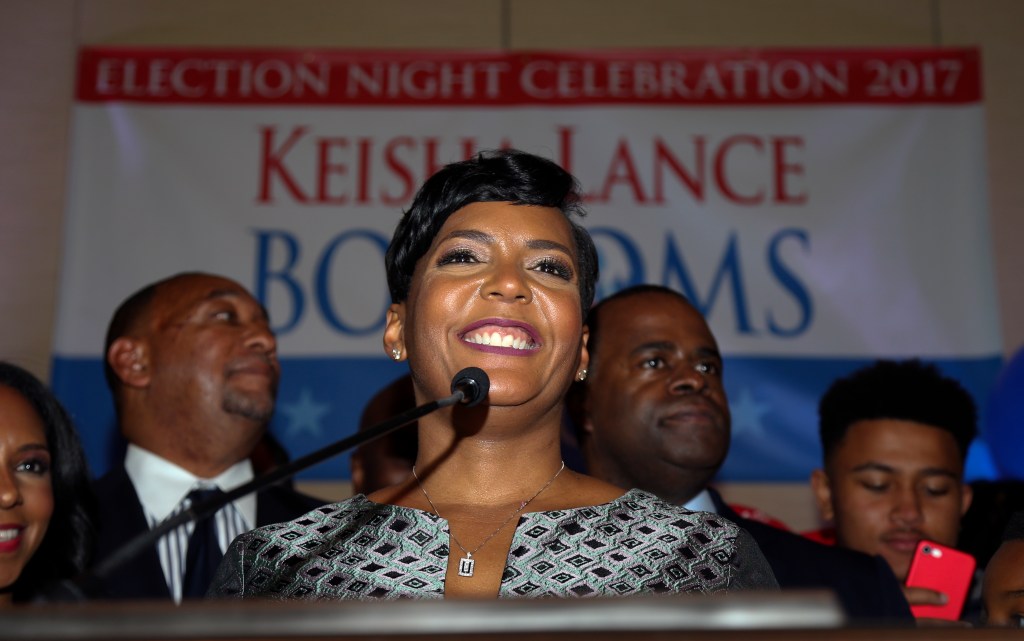 Atlanta mayoral candidate Keisha Lance Bottoms declares victory during an election-night watch party Wednesday, Dec. 6, 2017, in Atlanta. Atlanta's two-person mayoral runoff election is too close to call. 