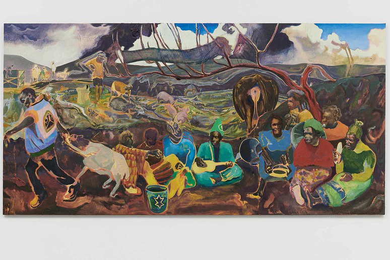 Colorful painting depicting diverse people and animals in a surreal landscape with dynamic and expressive forms.